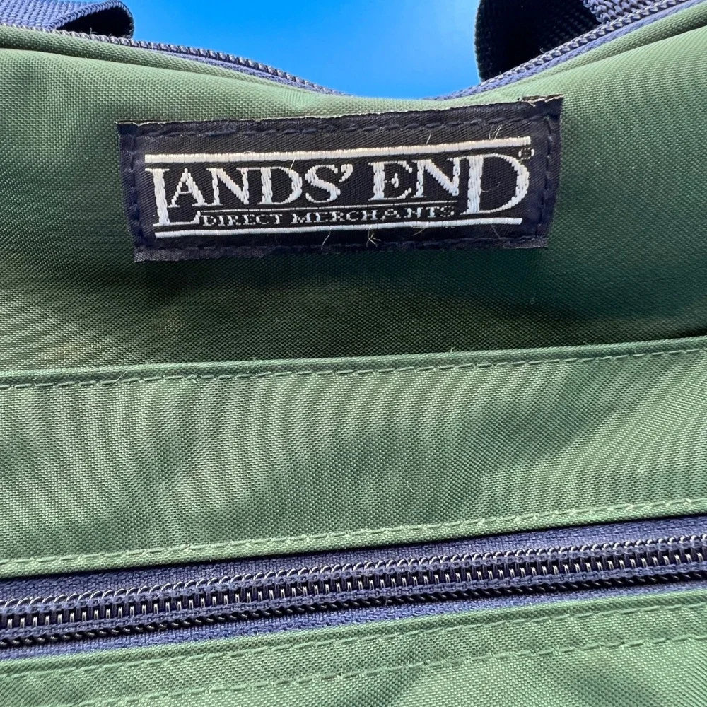 Lands End VTG Square Bag Green Navy Nylon Travel Carry On Shoulder Bag